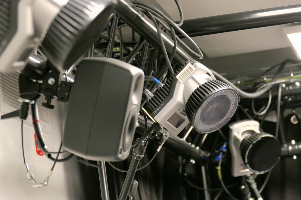 Motion capture cameras on the ceiling truss