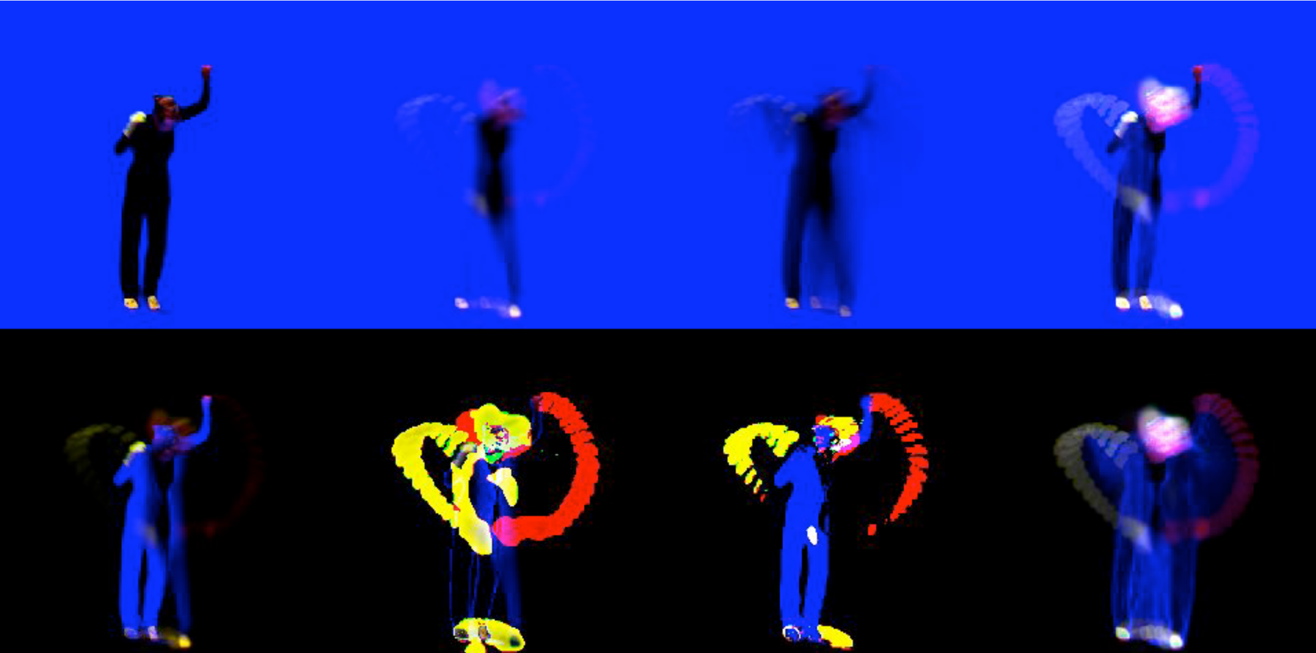 Motion history images of a dancer: the trajectories of the arms traced in colour