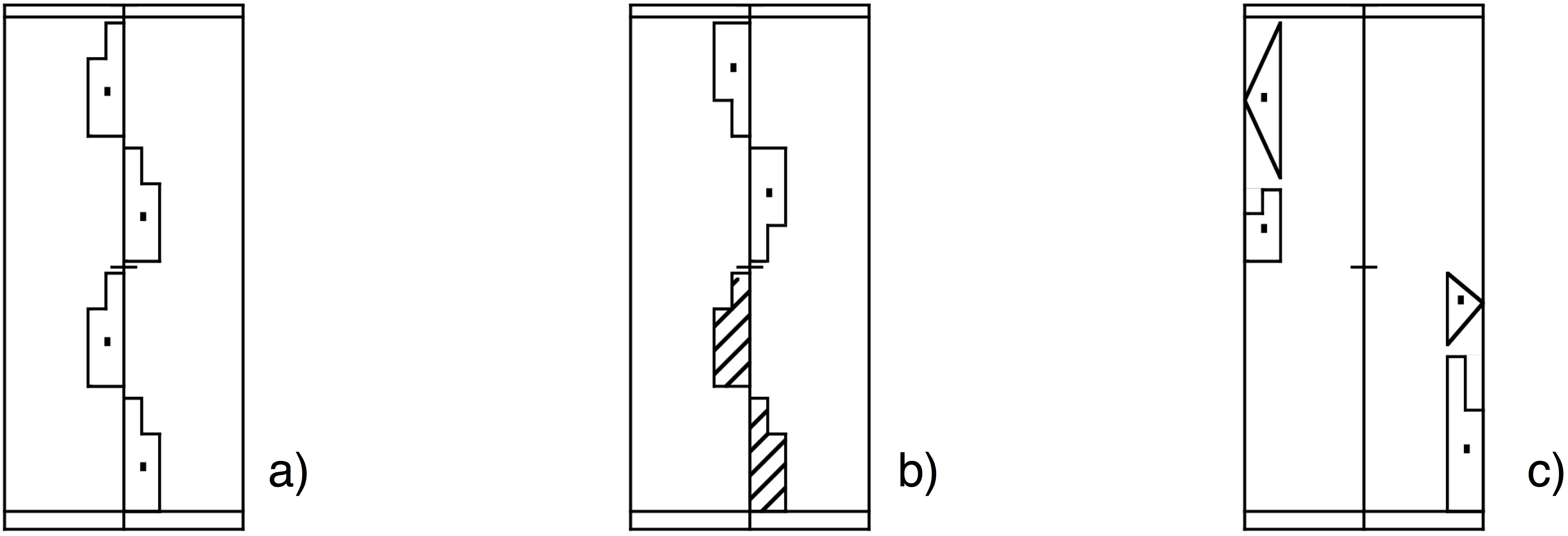 Three short movement sequences written in Labanotation, each a vertical staff with symbols on either side of a centre line.